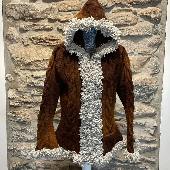 Handmade 100% Wool Brown Ombre Cable Knit Fringe Full Zipper & Hood Sweater coat